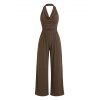 Casual Wide Leg Jumpsuit Solid Color Draped Neck Ruched Open Back Jumpsuit - marron foncé L | US 8