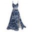 Hawaii Vacation Dress Outline Sketch Hibiscus Floral Print Lace Hollow Out Slit Dress - Bleu profond XXXXXL | US 20