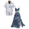 Hawaii Vacation Couple Outfit Sketch Hibiscus Floral Print Lace Hollow Out Slit Dress and Shirt Set - Bleu profond S | US 4