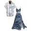 Hawaii Vacation Couple Outfit Sketch Hibiscus Floral Print Lace Hollow Out Slit Dress and Shirt Set - Bleu profond S | US 4