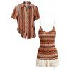 Bohemian Couple Outfit Zig Zag Ethnic Print Bowknot Layered Dress and Striped Print Shirt Set - Orange S | US 4