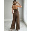 Vacation Couple Outfit Solid Color Draped Neck Ruched Open Back Wide Leg Jumpsuit and Textured Knitted Shirt Set - DEEP BROWN S | US 4
