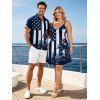 Independence Day Couple Outfit Colorblock American Flag Star Stripe Palm Tree Print Spaghetti Strap Dress and Shirt Patriotic Set - Bleu de Minuit S | US 4