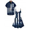 Independence Day Couple Outfit Colorblock American Flag Star Stripe Palm Tree Print Spaghetti Strap Dress and Shirt Patriotic Set - Bleu de Minuit S | US 4