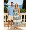 Vacation Couple Outfit Floral Leaf Ethnic Print Bowknot Tiered Dress and Textured Knitted Shirt Set - Bleu clair S | US 4