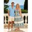 Vacation Couple Outfit Floral Leaf Ethnic Print Bowknot Tiered Dress and Textured Knitted Shirt Set - Bleu clair S | US 4