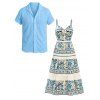 Vacation Couple Outfit Floral Leaf Ethnic Print Bowknot Tiered Dress and Textured Knitted Shirt Set - Bleu clair S | US 4