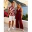 Vacation Couple Outfit Solid Color O Ring Straight Leg Jumpsuit and Leaf Patten Button Up Shirt Set - Rouge Vineux S | US 4