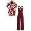 Vacation Couple Outfit Solid Color O Ring Straight Leg Jumpsuit and Leaf Patten Button Up Shirt Set - Rouge Vineux S | US 4