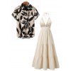 Vacation Couple Outfit Solid Color Sequined Open Back Halter Maxi Dress and Leaf Patten Shirt Set - Beige S | US 4