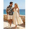 Vacation Couple Outfit Solid Color Sequined Open Back Halter Maxi Dress and Leaf Patten Shirt Set - Beige S | US 4