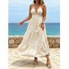 Vacation Couple Outfit Solid Color Sequined Open Back Halter Maxi Dress and Leaf Patten Shirt Set - Beige S | US 4