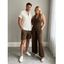 Vacation Couple Outfit Solid Color Draped Neck Ruched Open Back Wide Leg Jumpsuit and Textured Knitted Shirt Set - marron foncé S | US 4