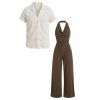 Vacation Couple Outfit Solid Color Draped Neck Ruched Open Back Wide Leg Jumpsuit and Textured Knitted Shirt Set - marron foncé S | US 4