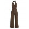 Vacation Couple Outfit Solid Color Draped Neck Ruched Open Back Wide Leg Jumpsuit and Textured Knitted Shirt Set - marron foncé S | US 4