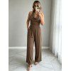 Vacation Couple Outfit Solid Color Draped Neck Ruched Open Back Wide Leg Jumpsuit and Textured Knitted Shirt Set - marron foncé S | US 4