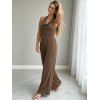 Vacation Couple Outfit Solid Color Draped Neck Ruched Open Back Wide Leg Jumpsuit and Textured Knitted Shirt Set - marron foncé S | US 4