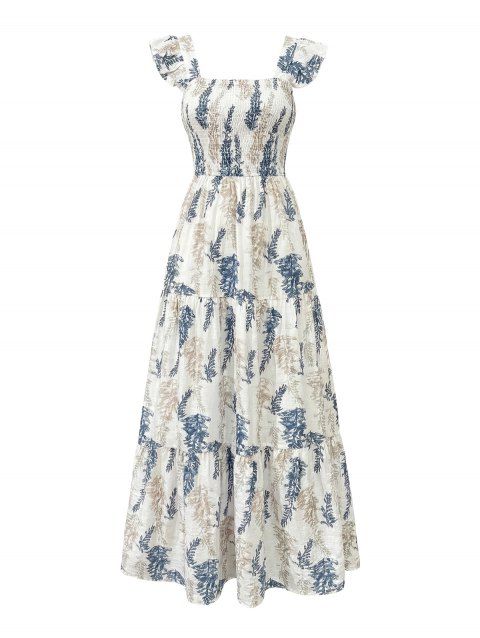 Robe de vacances pour la plage, style vintage, imprimé botanique bicolore, manches évasées smockées, col carré