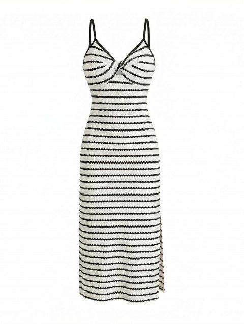 Robe moulante vintage à rayures monochromes, découpe torsadée, bretelles spaghetti fendues
