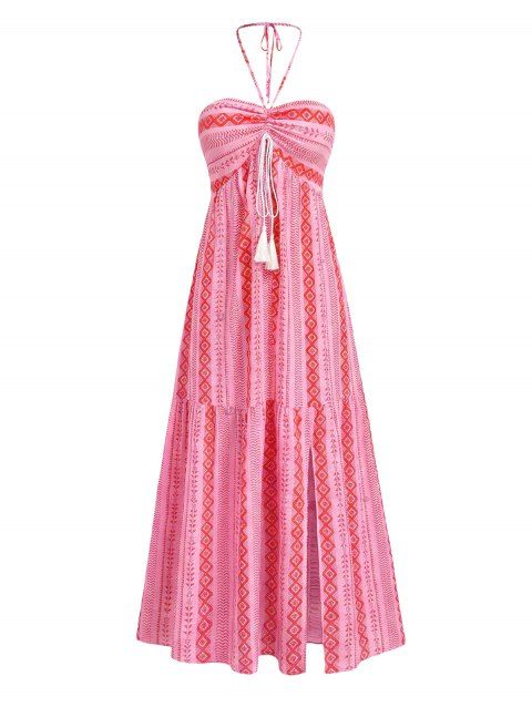 Robe de plage bohème dos nu à imprimé géométrique et fente à franges, idéale pour les vacances.
