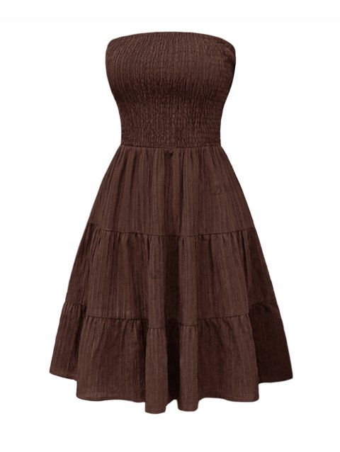 Robe élégante de vacances unie à épaules dénudées et smocks, style vintage, mini-robe