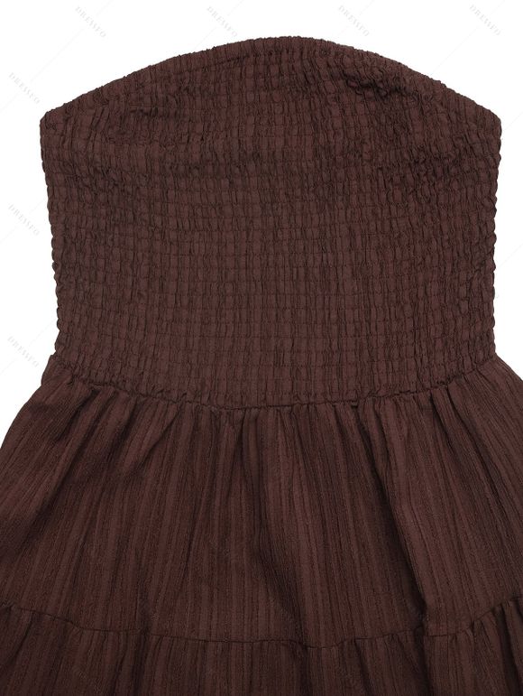 Robe élégante de vacances unie à épaules dénudées et smocks, style vintage, mini-robe - Café profond XL | US 10
