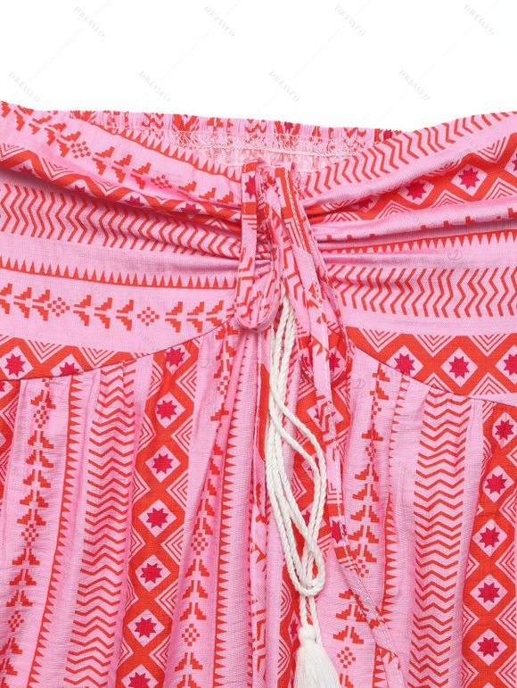Bohemian Vacation Halter Dress for Beach Geometric Print Tassel Slit Dress - Rose clair L | US 8