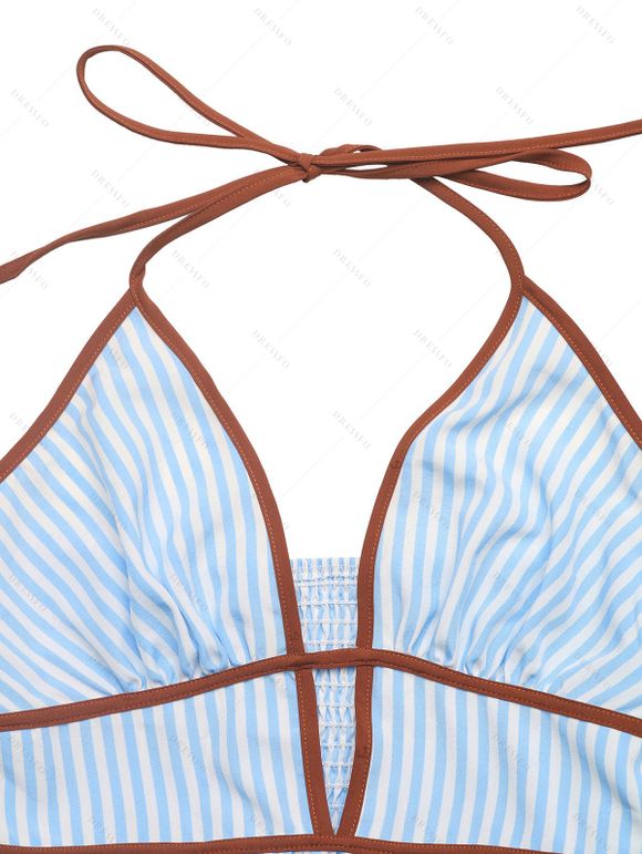 Beach Vacation Dress Colorblock Striped Print Cut Out Maxi Halter Dress - Bleu clair XL | US 10