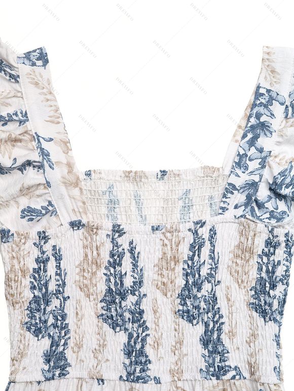Vacation Dress for Beach Vintage Bicolor Botanical Print Smocked Flare Sleeve Square Neck Dress - Blanc XL | US 10