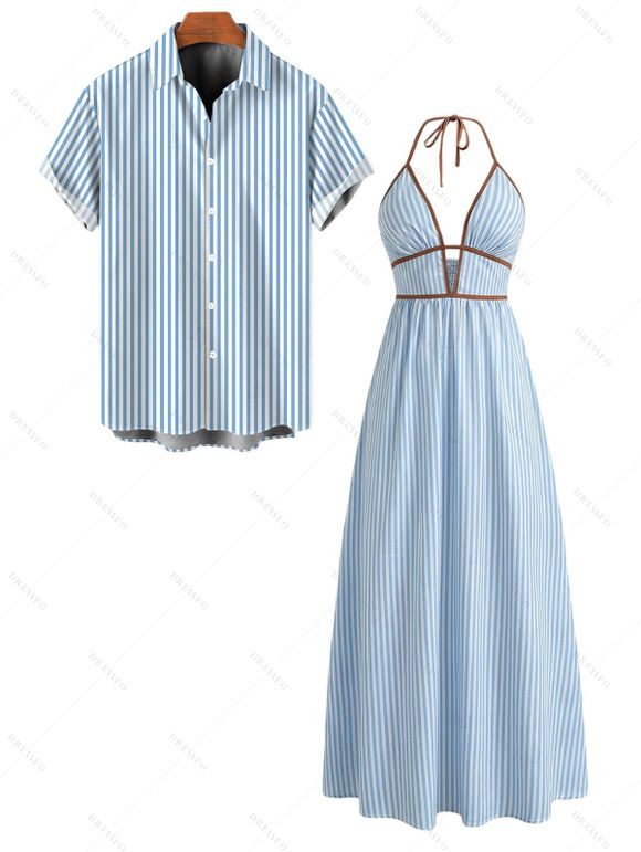 Beach Vacation Couple Outfit Colorblock Striped Print Cut Out Maxi Halter Dress and Shirt Set - Bleu clair S | US 4