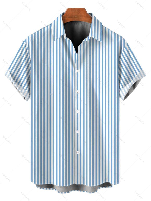 Beach Vacation Couple Outfit Colorblock Striped Print Cut Out Maxi Halter Dress and Shirt Set - Bleu clair S | US 4