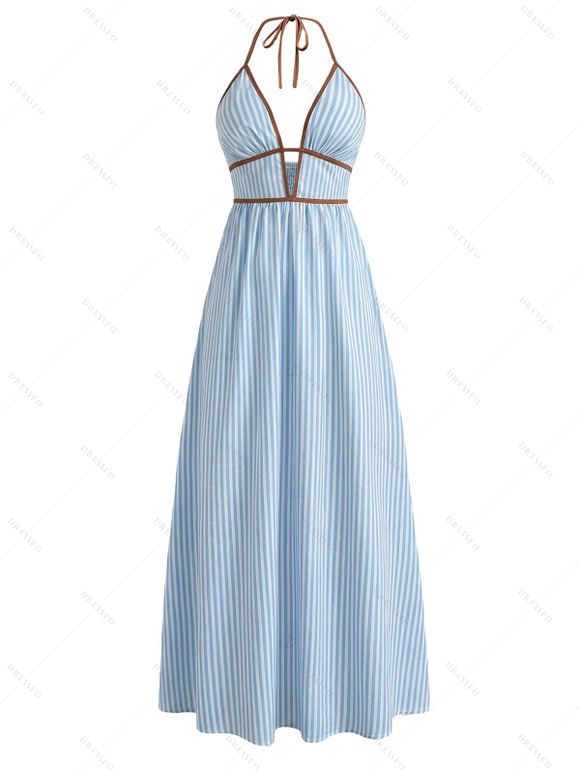 Beach Vacation Couple Outfit Colorblock Striped Print Cut Out Maxi Halter Dress and Shirt Set - Bleu clair S | US 4