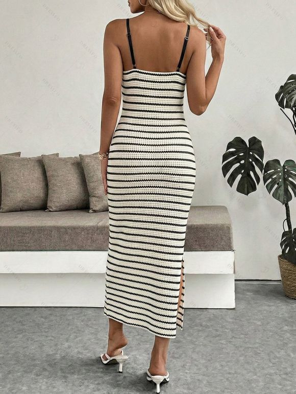 Robe moulante vintage à rayures monochromes, découpe torsadée, bretelles spaghetti fendues - Blanc L | US 8