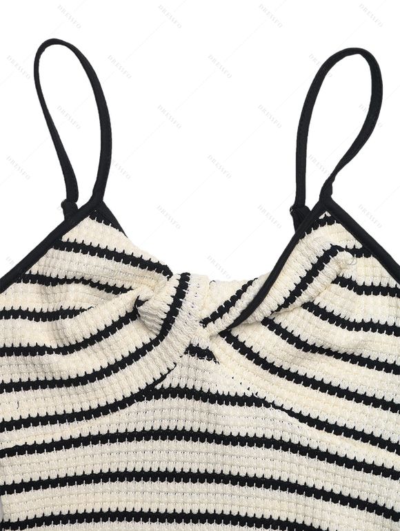 Robe moulante vintage à rayures monochromes, découpe torsadée, bretelles spaghetti fendues - Blanc L | US 8