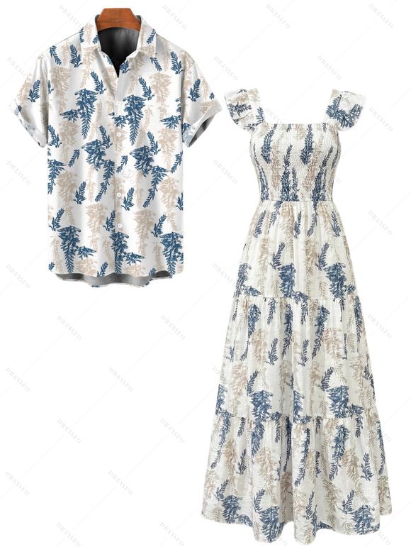 Vacation Couple Outfit for Beach Botanical Print Smocked Flare Sleeve Dress and Shirt Set - Blanc S | US 4