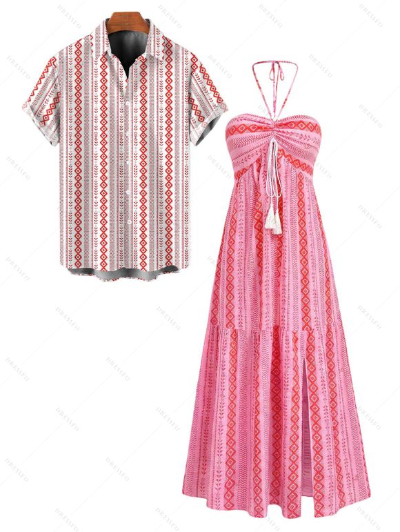 Bohemian Vacation Couple Outfit Geometric Striped Ethnic Print Tassel Slit Halter Dress and Shirt Set - Rose clair S | US 4