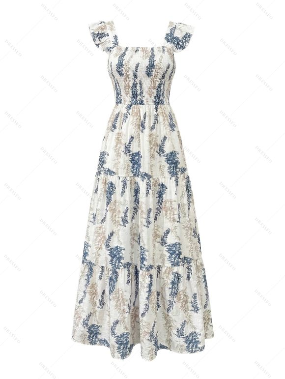 Vacation Couple Outfit for Beach Botanical Print Smocked Flare Sleeve Dress and Shirt Set - Blanc S | US 4