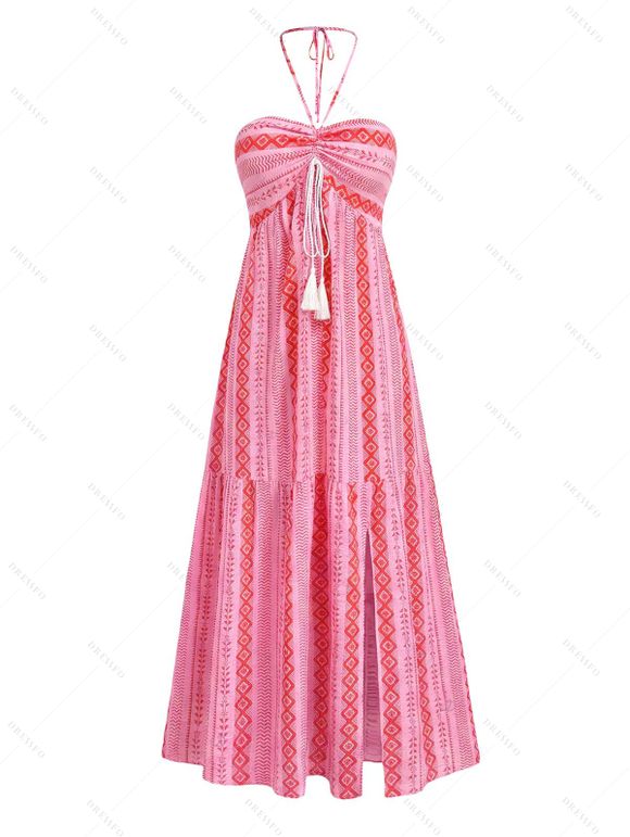 Bohemian Vacation Couple Outfit Geometric Striped Ethnic Print Tassel Slit Halter Dress and Shirt Set - Rose clair S | US 4
