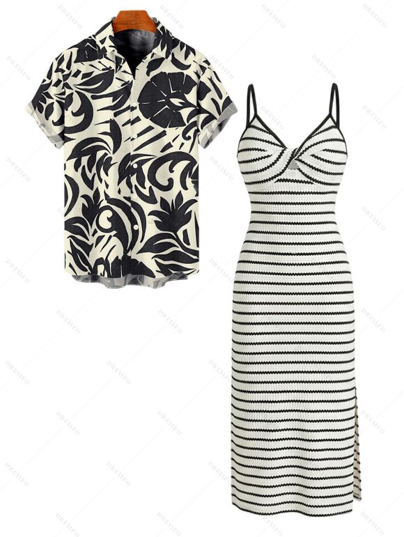 Vacation Couple Outfit Striped Print Twisted Cut Out Slit Bodycon Dress and Leaf Print Shirt Set - Beige S | US 4