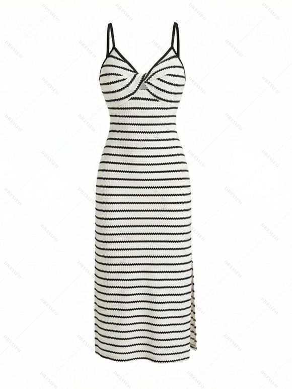 Vacation Couple Outfit Striped Print Twisted Cut Out Slit Bodycon Dress and Leaf Print Shirt Set - Beige S | US 4