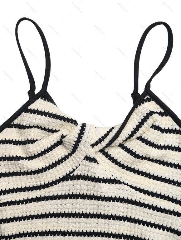 Vacation Couple Outfit Striped Print Twisted Cut Out Slit Bodycon Dress and Leaf Print Shirt Set - Beige S | US 4