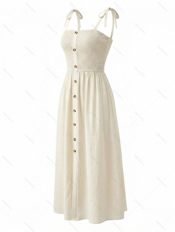 Vacation Couple Outfit for Beach Solid Color Smocked Tied Shoulder Dress and Leaf Print Shirt Set - Beige S | US 4