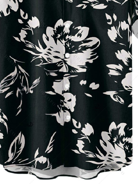 Vintage Vacation Couple Outfit Colorblock Zig Zag Halter Tiered Cake Dress and Abstract Flower Leaf Print Shirt Set - Noir S | US 4