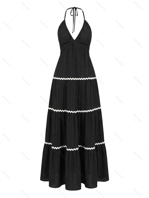 Vintage Vacation Couple Outfit Colorblock Zig Zag Halter Tiered Cake Dress and Abstract Flower Leaf Print Shirt Set - Noir S | US 4