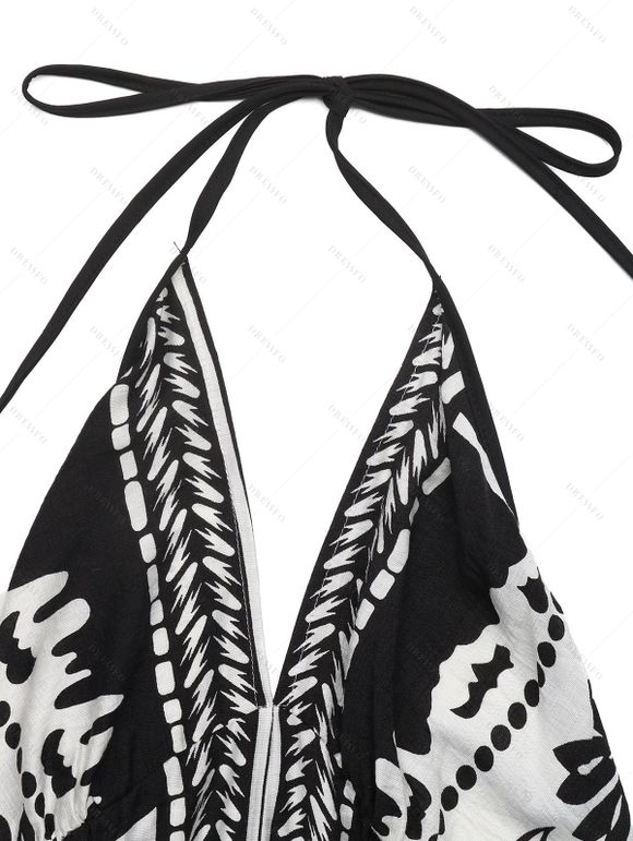 Bohemian Vacation Dress Floral Leaf Ethnic Print Spaghetti Strap Maxi Boho Dress - Noir XL | US 12