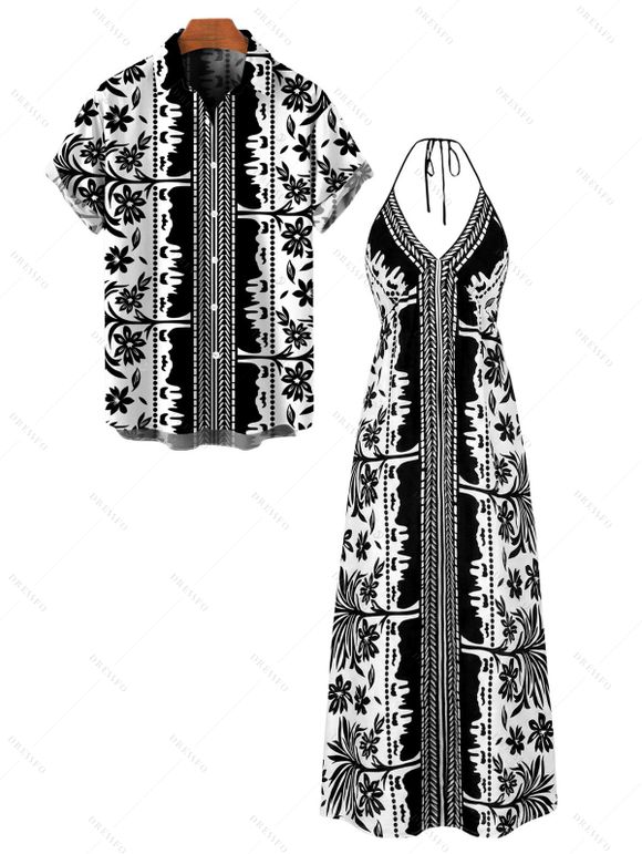 Bohemian Vacation Couple Outfit Floral Leaf Ethnic Print Spaghetti Strap Maxi Dress and Shirt Set - Noir S | US 4