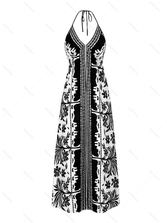 Bohemian Vacation Couple Outfit Floral Leaf Ethnic Print Spaghetti Strap Maxi Dress and Shirt Set - Noir S | US 4