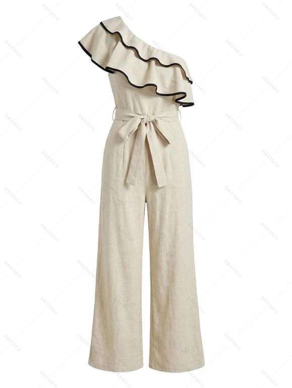 Bohemian Couple Outfit Layered Flounce Skew Neck Belt Wide Leg Jumpsuit and Leaf Scroll Print Shirt Set - café lumière S | US 4