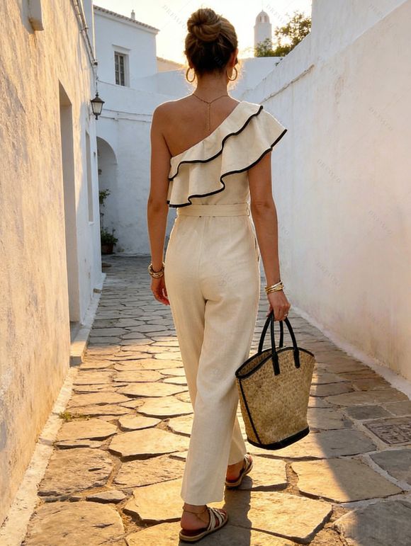 Bohemian Couple Outfit Layered Flounce Skew Neck Belt Wide Leg Jumpsuit and Leaf Scroll Print Shirt Set - café lumière S | US 4