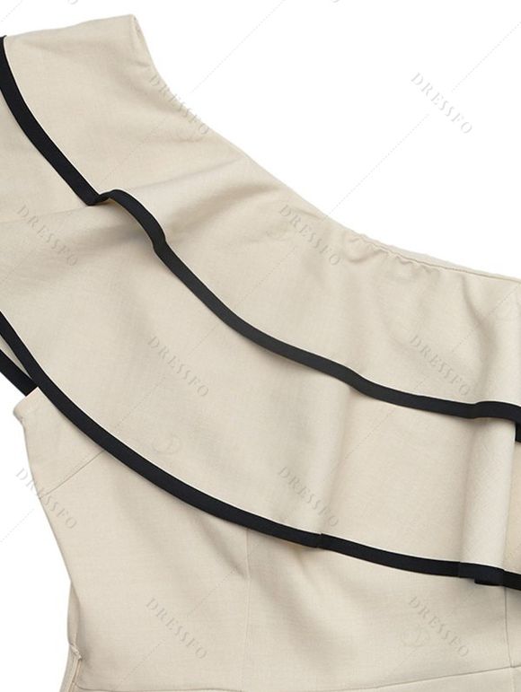 Bohemian Couple Outfit Layered Flounce Skew Neck Belt Wide Leg Jumpsuit and Leaf Scroll Print Shirt Set - café lumière S | US 4